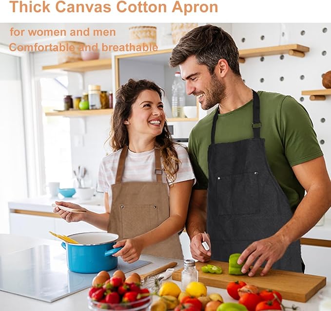 Chef Cooking Aprons for Men Women Thickened Canvas Cotton Apron with 4 Pockets for BBQ Work Kitchen（Brown）
