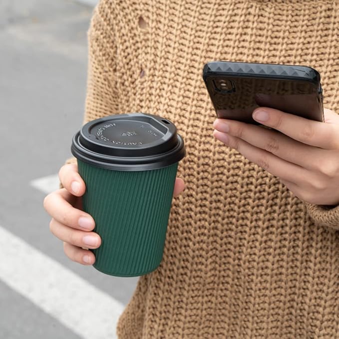 Restaurantware-12 Ounce Disposable Coffee Cups, 500 Ripple Wall Hot Cups For Coffee - Lids Sold Separately, Rolled Rim, Forest Green Paper Insulated Coffee Cups, For Hot Coffee, Tea, And More