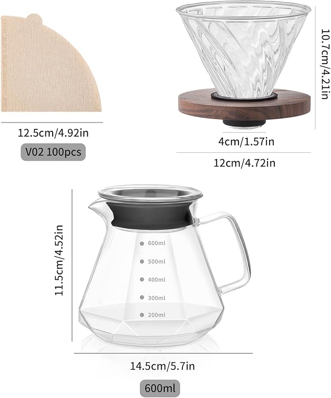 Pour Over Coffee Maker Set – Drip Coffee Pot with Walnut Handle, Glass Coffee Dripper & 100 Filters, 20oz/600ml Capacity