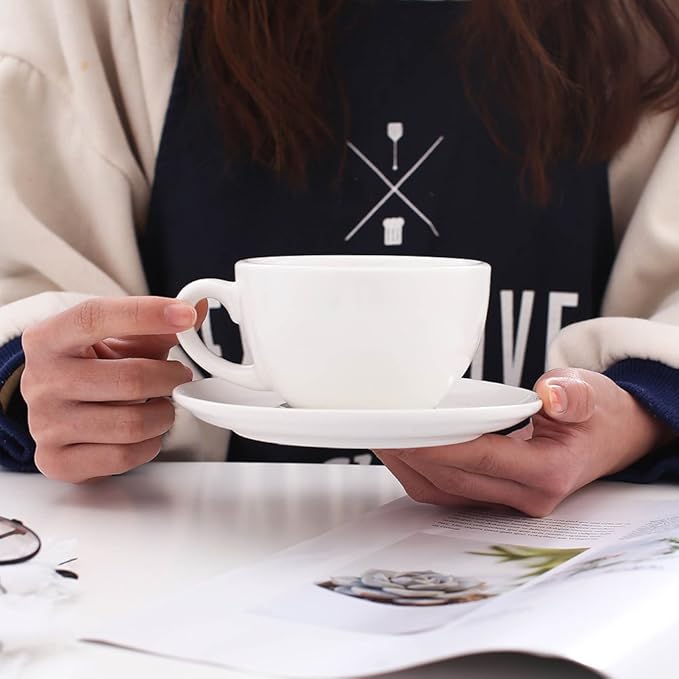 Great Cup Shape for Latte Art Cappuccino Barista Cup Saucer New Bone China for Coffee Shop (Matte White, 10.5 oz)