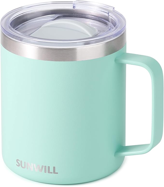 SUNWILL Insulated Coffee Mug with Lid, Travel Tumbler with Handle, 14 oz Stainless Steel Cup for Camping, Office, Home, Powder Coated Mint