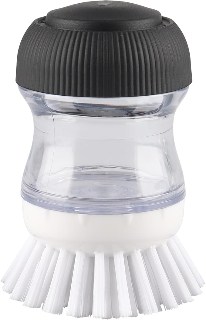 Dish Scrub Brush with Soap Dispenser, Kitchen Brush for Dish Pot Pan Sink Cleaning, 1 Piece Soap Dispensing Palm Brush, Black/Clear/White