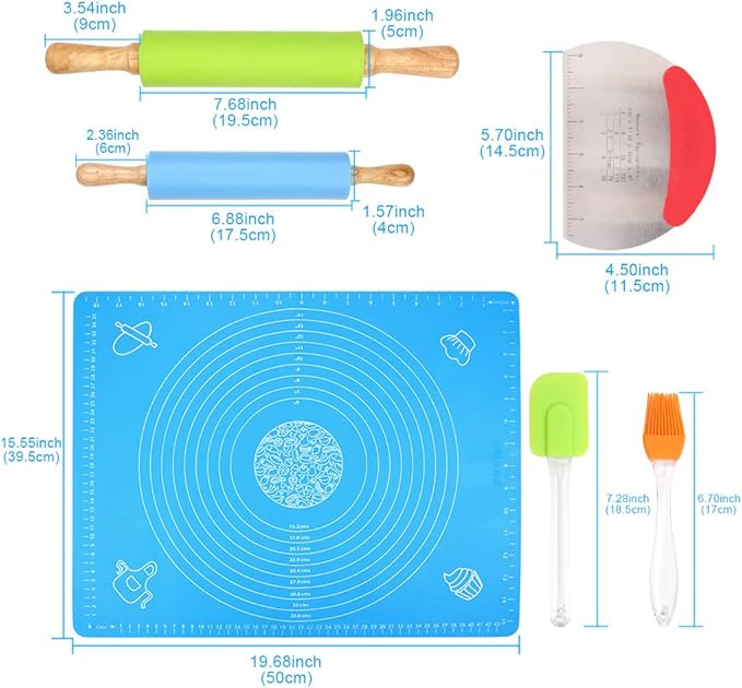 Ewinever 1Set Rolling Pin Pastry Mat Set Non-Stick 6 in 1 Dough Roller Baking Kit with Pastry Cutter Reusable Kneading Mat Scraper Basting Brush