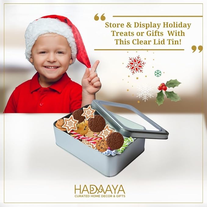 Pack of 2 Silver Rectangular Tin Container With Clear Lid, Multipurpose Tin Box, Festive Tin Box for Gift Giving, Cookies, Stationery & More - 7.25 x 5.25 x 2.25 Inches