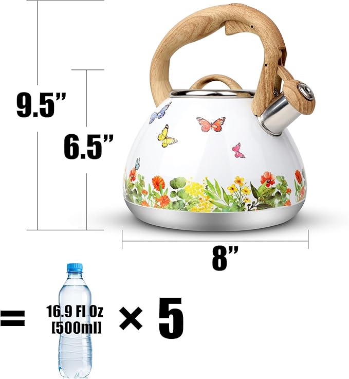 Tea Kettle, Toptier Teapot Whistling Kettle with Wood Pattern Handle Loud Whistle, Food Grade Stainless Steel Tea Pot for Stovetops Induction Water Kettle, 2.7-Quart Butterfly