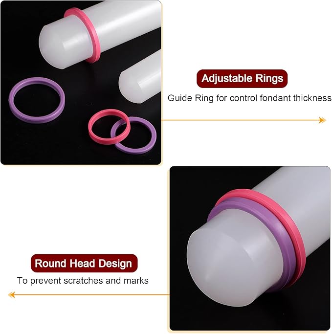 HARFINGTON Fondant Rolling Pin 20 Inch x 1.38 Inch Adjustable Guide Rings Non-Stick PP Plastic Fondant Roller Dough Roller Kitchen Decorating Tools for Cookie Pastry Pizza Clay