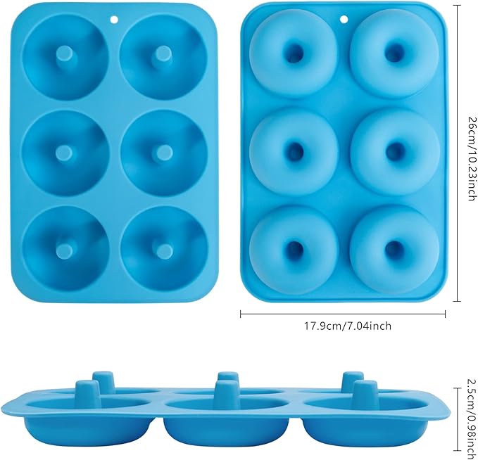 Aichoof Silicone Donut Mold for 6 Doughnuts, Set of 2. Food Grade LFGB Silicone Bagels Baking Pan, Non-Stick, Dishwasher Safe, Heat Resistant and Microwave Safe(Blue)