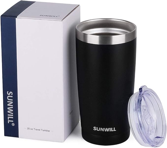 SUNWILL Travel Coffee Tumbler 20 oz, Insulated Mug with Lid, Stainless Steel Cup for Outdoor, Powder Coated Black