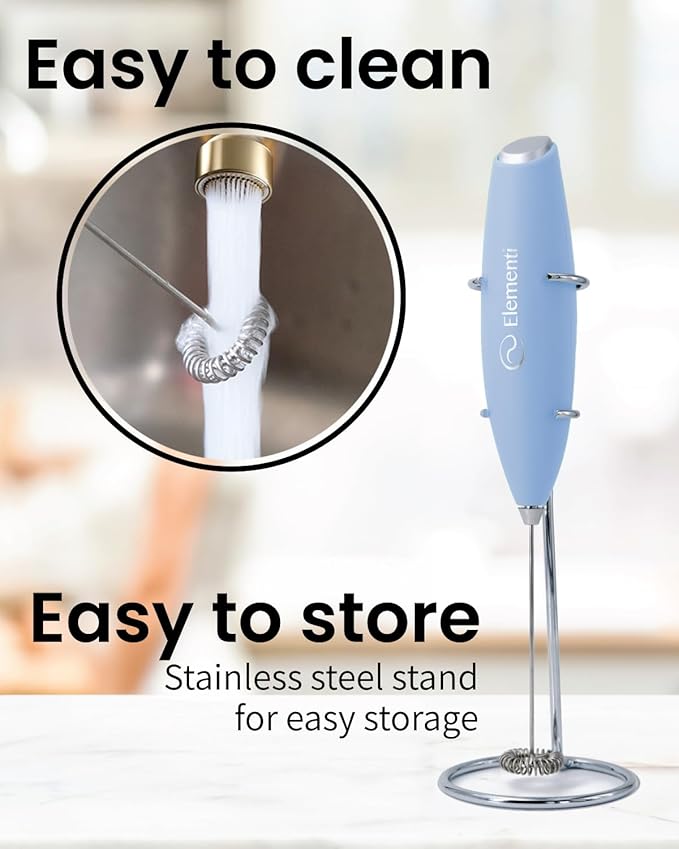 Elementi Electric Milk Frother Handheld - Create Creamy Coffee, Delicious Matcha and Perfect Drinks - Compact Whisk & Mixer with Stand - Light Blue