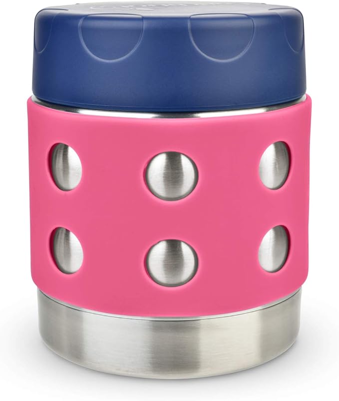 LunchBots Thermal 8 oz Triple Insulated Thermos - Hot 6 Hours or Cold 12 Hours - Leak Proof Thermos Soup Jar - All Stainless Interior - Navy Lid - Pink Dots