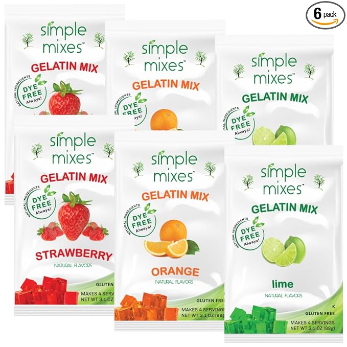 Simple Mixes Natural Gelatin Variety Pack, 2 Each: Strawberry, Orange & Lime, Healthy, Dye-Free, No Gluten or Fat, Kosher, 6 Pack