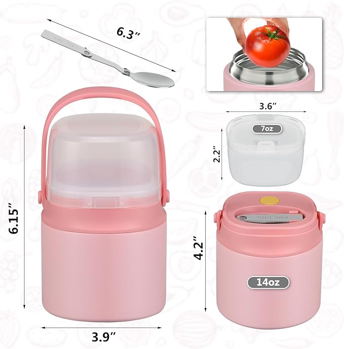 2 - in - 1 Soup Thermo for Hot Food 14oz with Snack Box Container Leak Proof Insulated Lunch Container Kids and Adults Stainless Steel Double Wall Vacuum Wide-mouth Thermal with Spoon and Handle