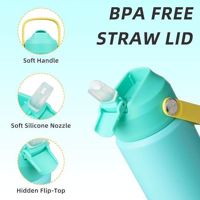 BJPKPK Insulated Water Bottle with Straw Lid, 18oz Thermos Water Bottles, Flex Handle & Non-slip Boot, BPA Free Leak Proof Stainless Steel Metal Thermos, Tumblers, Cups,Twilight Blue