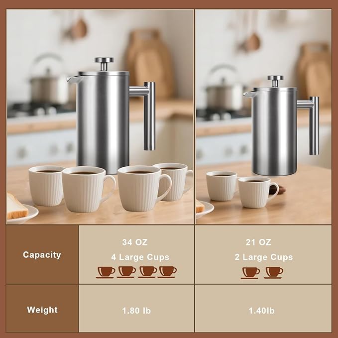 French Press 34 oz, Full Stainless Steel French Press Coffee Maker 4 Cups, Upgrated Double-Walled Insulated French Coffee Presses, Food Grade Good for Kitchen Camping, Dishwasher Safe 2 More Filters