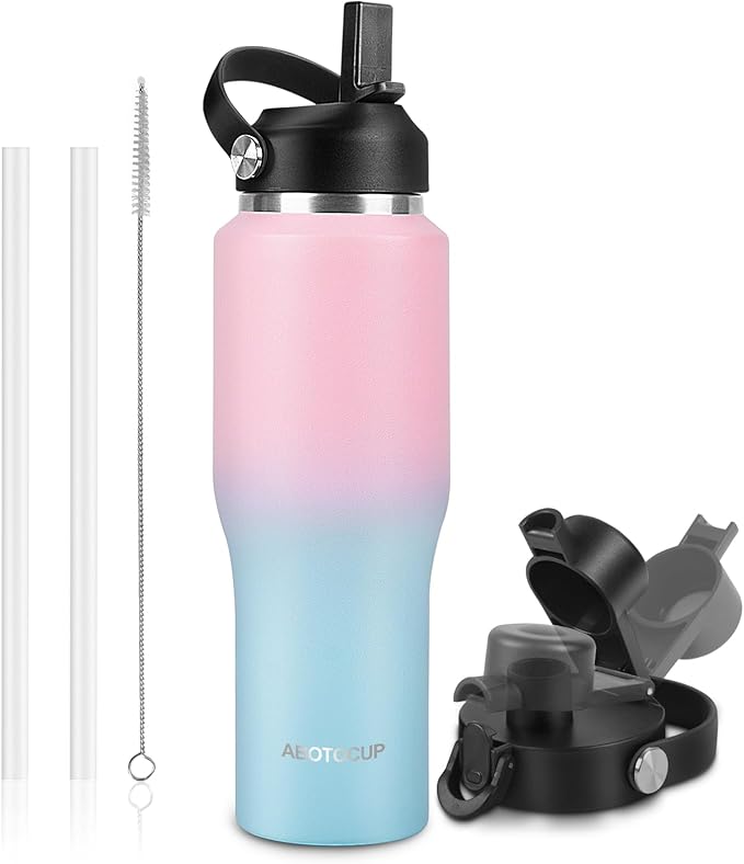 32oz Water Bottle with Powder Coated, Fit in Any Car Cup Holder, Water Bottle with Straw Lids, Stainless Steel Insulated Water Flask Double Wall Leak-proof BPA Free to Keep Cold&Hot