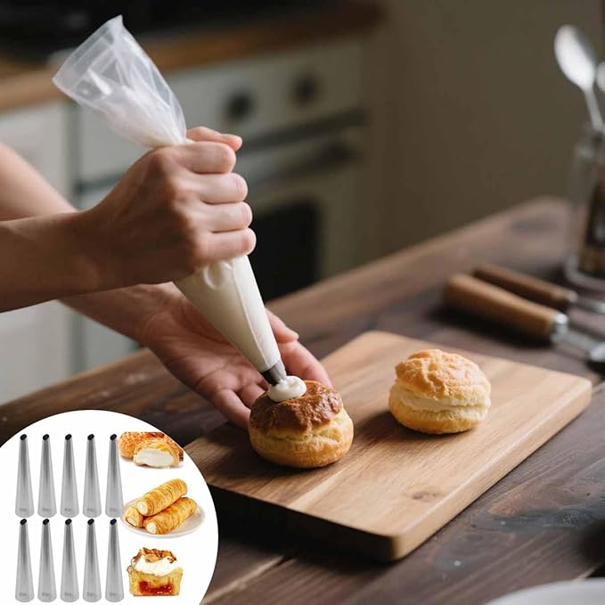 10 PCS Cream Icing Piping Nozzle Tip Stainless Steel Long Cream Puff Piping Tips Straight Pipe Multipurpose Pastry Piping Cake Decorating Tools for Small Pastries Puffs Cupcakes Filling Donuts