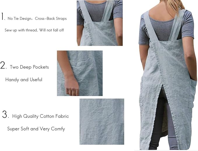 Women's Pinafore Square Apron Baking Cooking Gardening Works Cross Back Cotton/Linen Blend Dress with 2 Pockets