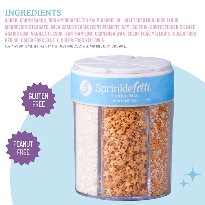 Sweets Indeed Sprinkles 6 Cell Edible Sprinkle Mix Jimmies Perfect for Cake Decorations Baking Ice Cream Cookies Cupcake Topper (Gold)