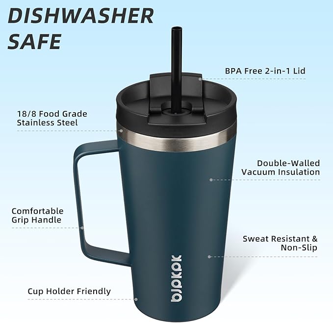 BJPKPK Insulated Tumbler with Handle, 18oz Insulated Tumblers with Lid and Straw, Stainless Steel Metal Water Bottles, Coffee Travel Mugs, Cups, Navy Blue