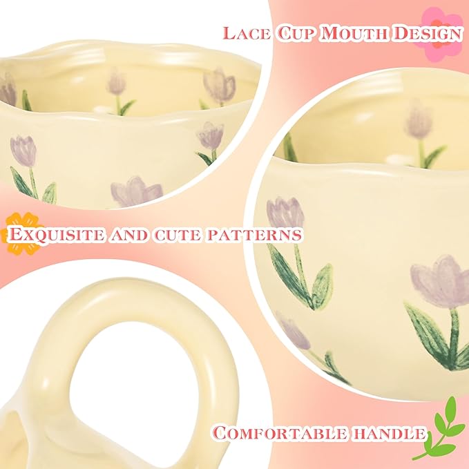 Cute Coffee Mug Set of 2 Vintage Flower Mugs 8 oz Ceramic Floral Coffee Mugs Irregular Latte Art Cup Lead-free Porcelain Cups for Cappuccino, Cocoa (Orange Flowers and Purple Tulips)