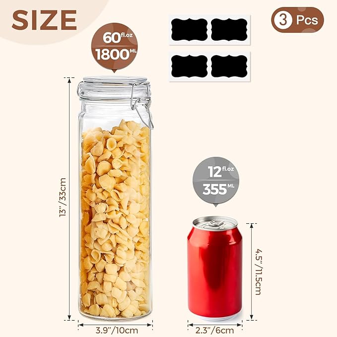 ComSaf 60oz Airtight Glass Jars Set of 3 with Lids Food Storage Jar Round - Tall Spaghetti Container with Clear Preserving Seal Wire Clip Fastening, Pasta jar for Kitchen Canning, Nut,Oat, Dry Goods
