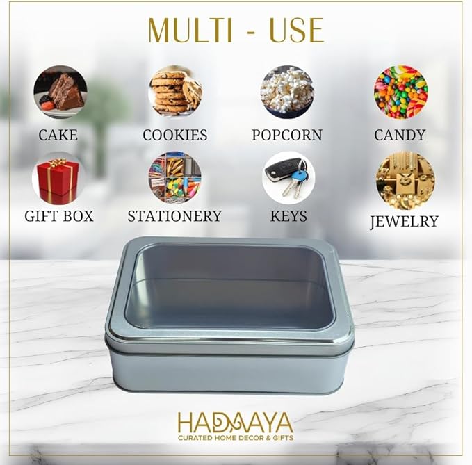 Pack of 2 Silver Rectangular Tin Container With Clear Lid, Multipurpose Tin Box, Festive Tin Box for Gift Giving, Cookies, Stationery & More - 7.25 x 5.25 x 2.25 Inches