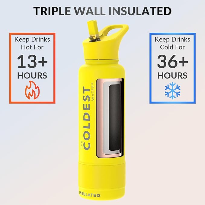 Coldest Insulated Water Bottle with Straw Lid - Stainless Steel Metal Insulated Bottle for Men & Women (Solar Yellow, 40 oz)