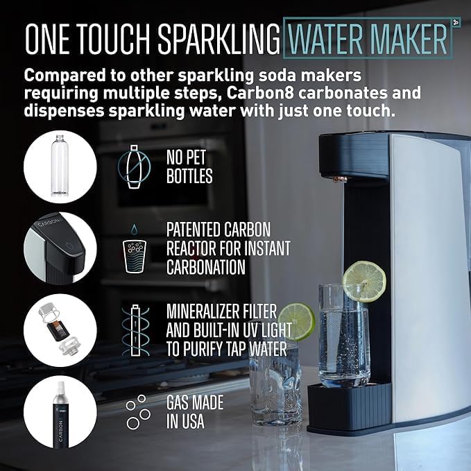 Carbon8 Sparkling Water Maker Machine, Home Soda Stream Machine, Screw-In CO2 Carbonator, Countertop Water Mineralizer, Seltzer Soda Maker Dispenser, CO2 Cylinder Included, Aluminum