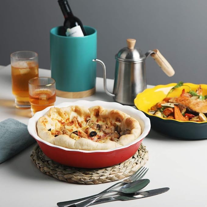 Sweejar Ceramic Pie Pan - 10 Inch Round Baking Dish for Dinner, Non-Stick with Soft Wave Edge for Apple, Pumpkin, Pot Pies (Red)