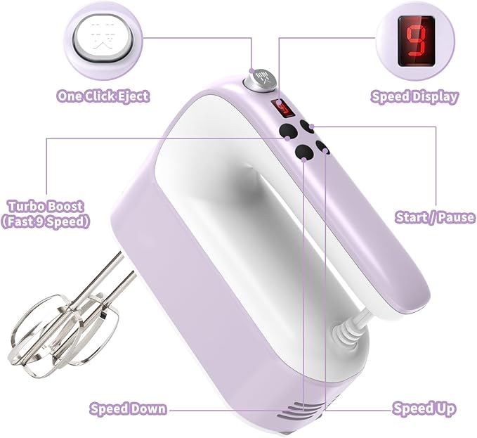 9-Speed Digital Hand Mixer Electric, 400W DC Motor, Hand Mixer electric Handheld with Snap-On Storage Case, Touch Button, Turbo Boost, 5x Stainless Steel Accessories (Lilac Purple)