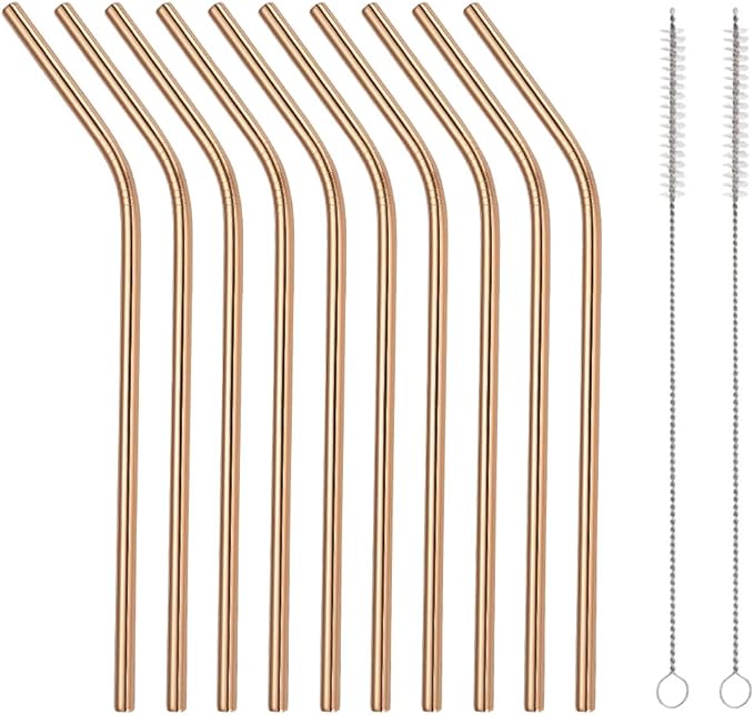 10 Pcs Stainless Steel Straws, Reusable Drinking Straws, Bent Metal Straw Sets with 2 Pcs Cleaning Brushes (Rose Gold, 10.5 Inch)