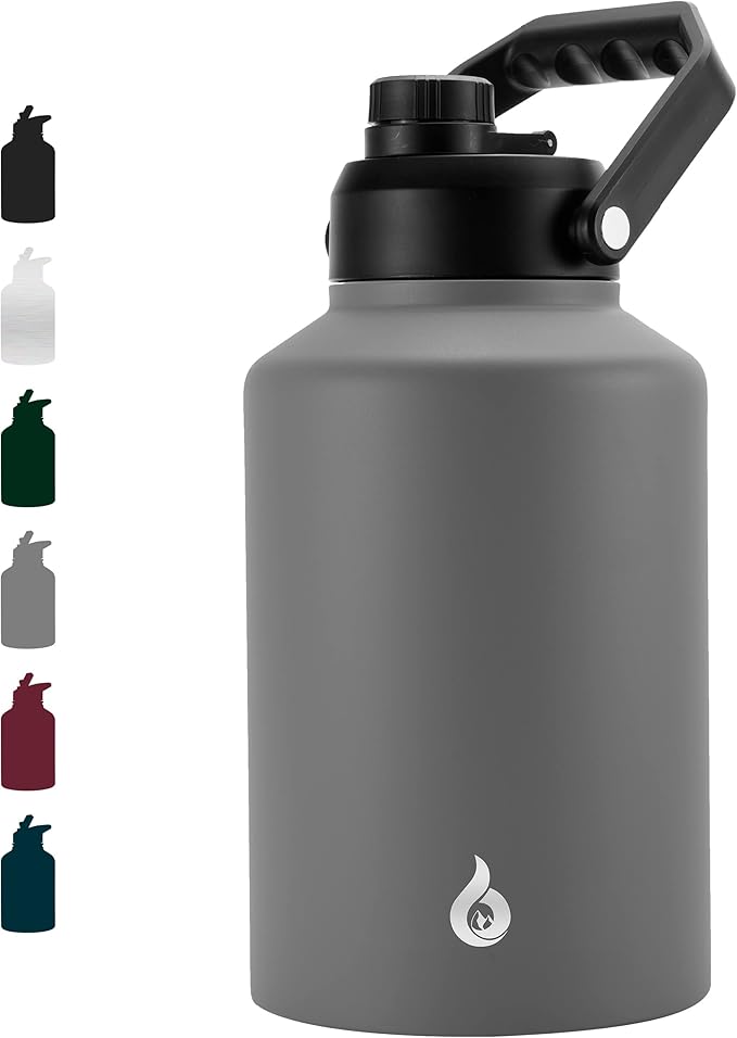 BJPKPK One Gallon(128 oz) Insulated Water Bottle, Dishwasher Safe Stainless Steel Thermos, BPA Free Jug with Ergonomic Handle & Anti-slip Bottom, Large Water Bottle, Grey