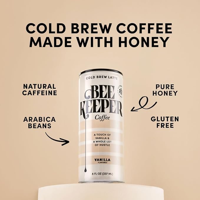 Beekeeper Coffee Cold Brew Vanilla Latte with Oregon Honey, 8 fl oz cans (Pack of 12), Ready-to-Drink, 125mg Natural Caffeine