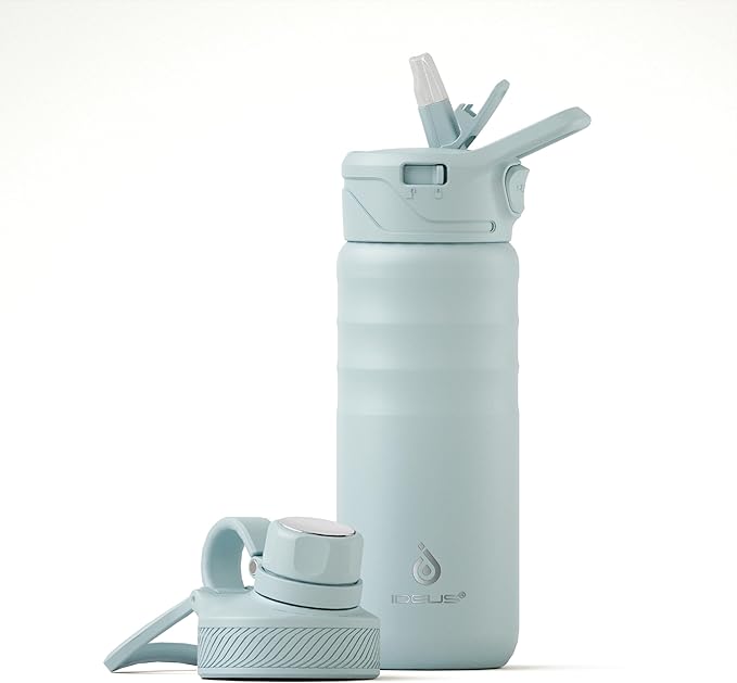 IDEUS Insulated Stainless Steel Water Bottle with 2 Leak-Proof Lids, Thermal Water Flask for Hiking Biking, 18oz, Light Blue
