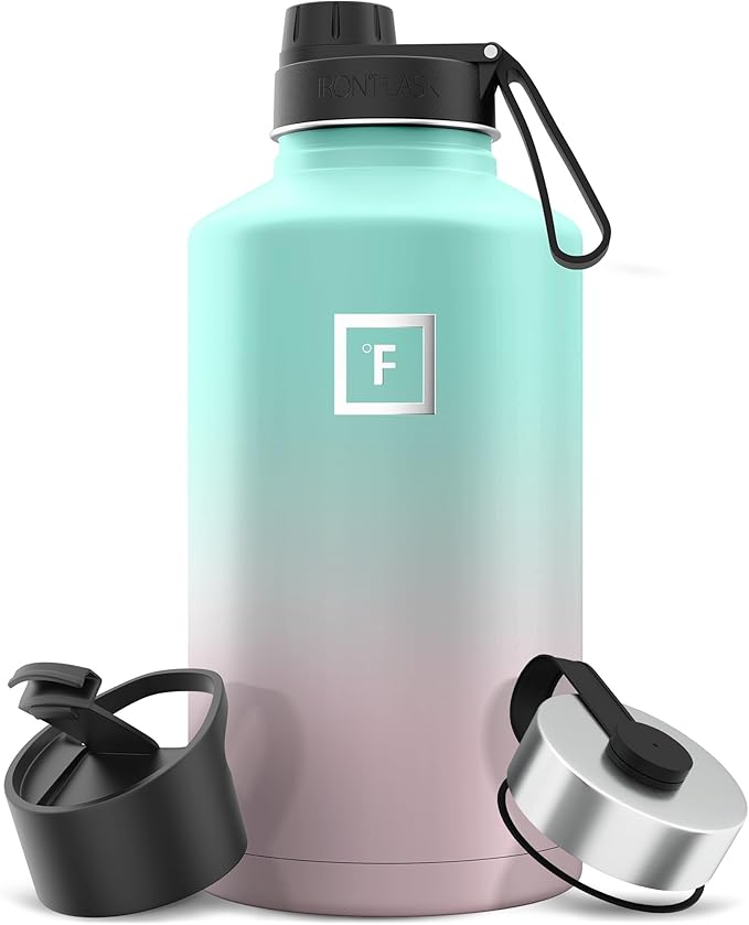 IRON °FLASK Camping & Hiking Hydration Flask with 3 Lids - Stainless Steel, Double Walled & Vacuum Insulated Water Bottle - Leak Proof & BPA Free (Bubble Gum, Spout - 64 oz)
