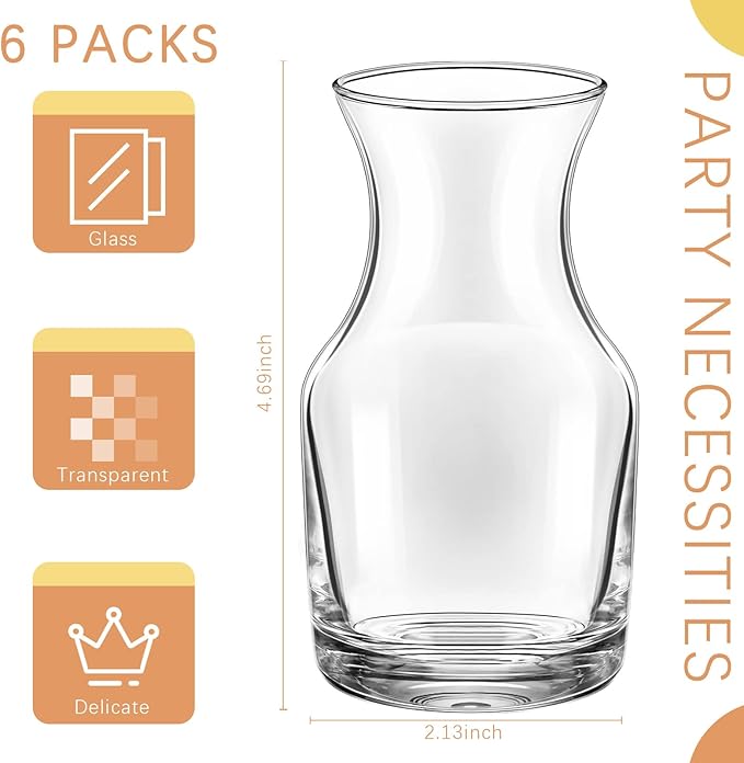 6 Pack Single Serving Wine Carafe Glass Small Mini Carafe Individual Wine Refill Decanter for Dinner Parties Tastings Bars Restaurants (6.5 oz)