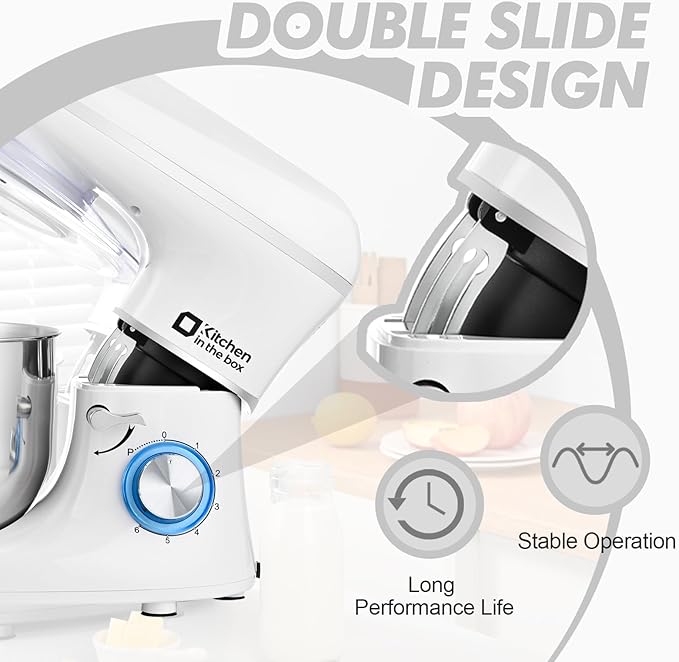 Kitchen in the box Stand Mixer, 6.5QT 660W Kitchen Electric Mixer, 6-Speed Tilt-Head Food Mixer with Dough Hook, Wire Whip, Beater, Dishwasher Safe (White)