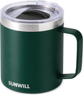 SUNWILL Travel Coffee Mug with Lid, Insulated Cup with Handle, 14 oz Stainless Steel Tumbler for Camping, Office, Outdoor, Powder Coated Forest Green
