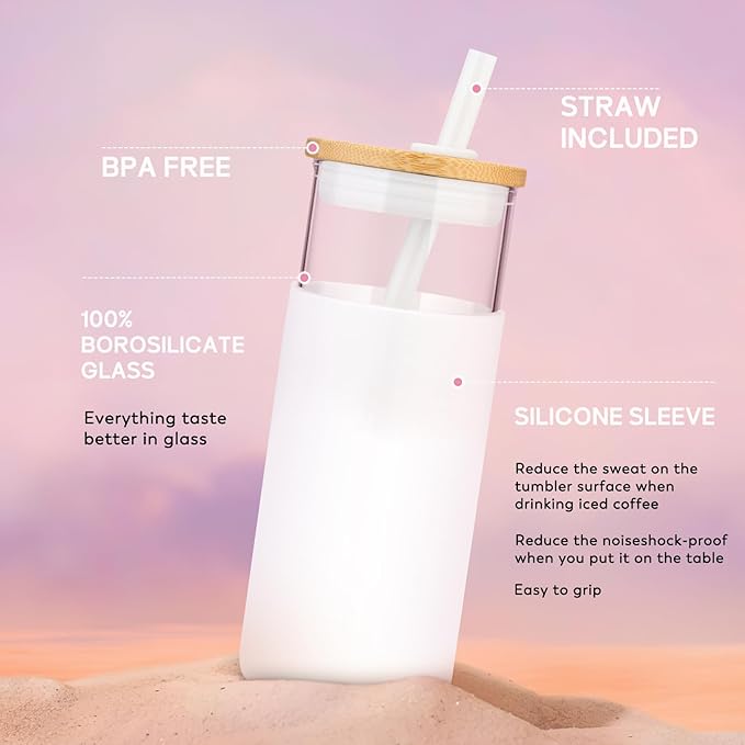 Tronco 20 oz Glass Tumbler with Straw and Lid- Glass Cup with Lid and Straw, Iced Coffee Cup Reusable, Smoothie Cups, Bamboo Lid and Protective Silicone Sleeve - BPA-Free