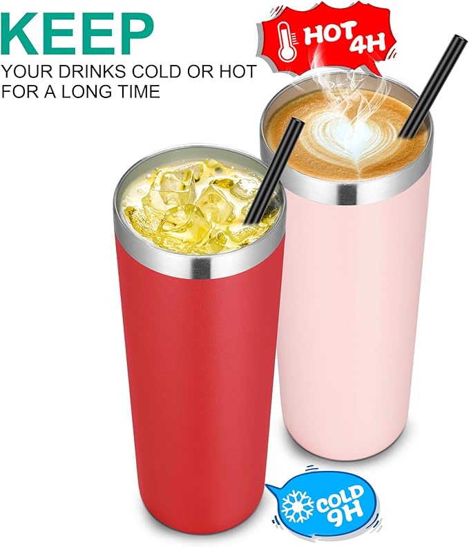 VEGOND 20 oz Stainless Steel Skinny Tumbler with Lids and Straws, 20oz Vacuum Insulated Slim Tumbler Cup, Double Wall Travel Tumblers Bulk for Cold Hot Drinks, Red 12 Pack
