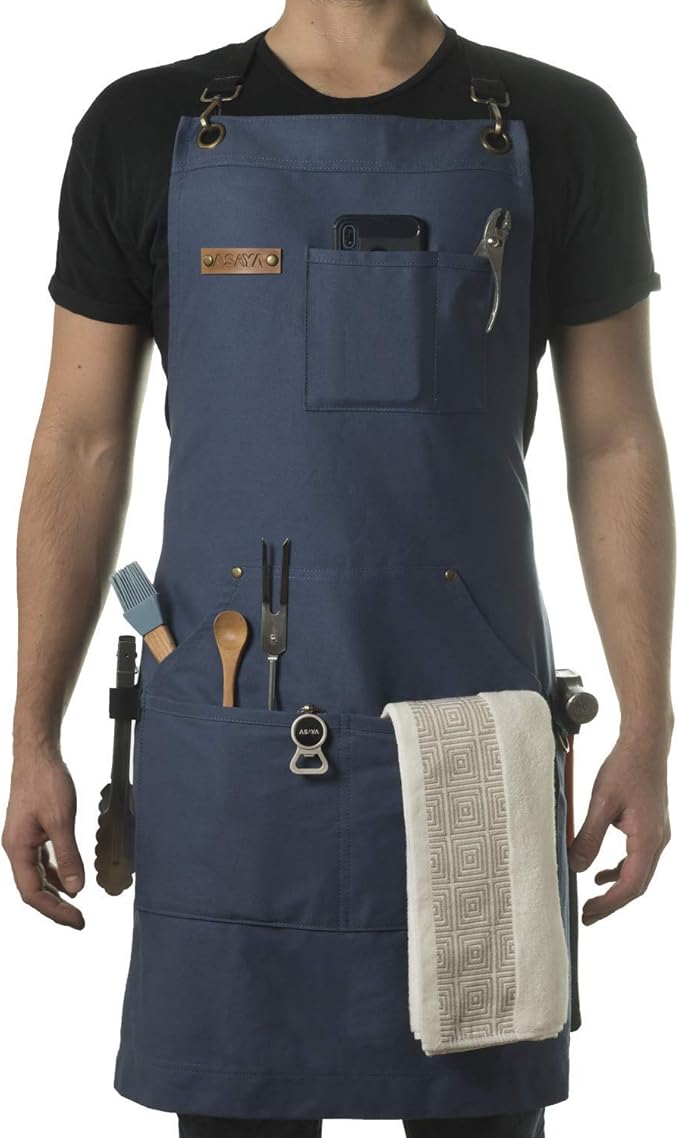 Asaya Chef and BBQ Apron with Bottle Opener and Hand Towel - 10oz Cotton Canvas, Stainless Steel Hardware - Cross Back Straps