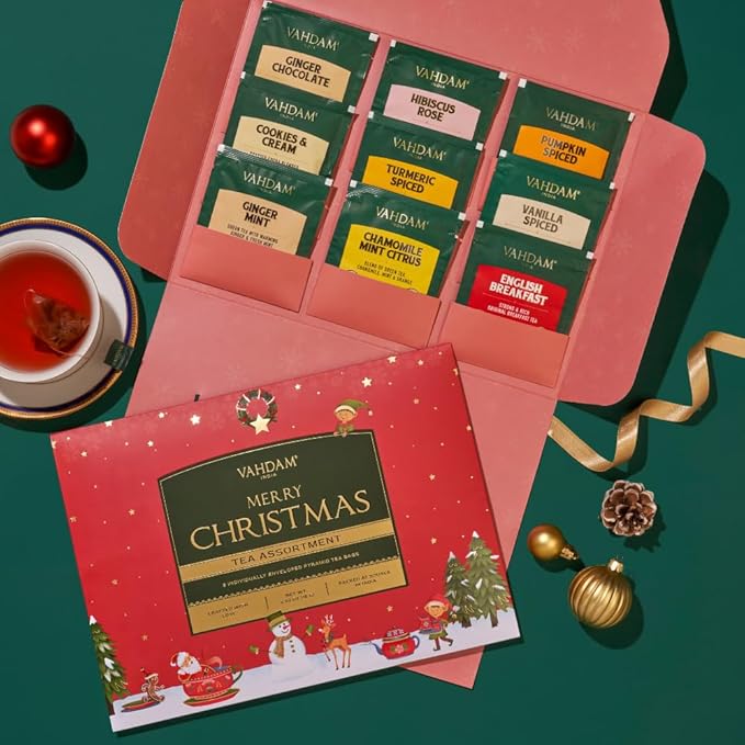 VAHDAM, Merry Christmas Tea Gift Set (9 Individually Wrapped Tea Bags) Limited Edition -Gluten Free, Non GMO | Christmas 2025 Gift Ideas | Christmas Gifts For Women 2025 & Christmas Gifts For Men 2025