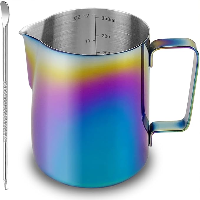 CAMKYDE Stainless Steel Milk Frothing Pitcher 12 oz, Espresso Steaming Pitcher with Decorating Pen for Espresso Machines, Cappuccino, Latte Art (Colour)