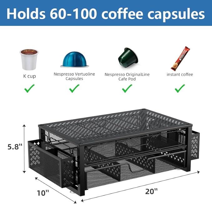 Simple Trending Coffee Pod Holder for K Cups, with 2 Tier Slidng Storage Drawer and Coffee Accessories Holder, 63 Large or 80 Small Capsule Organizer, Black