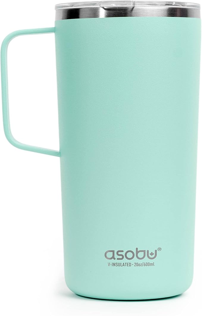 asobu Tower Mug Ceramic Inner Coated Insulated Stainless Steel Cup for Pure Tasting Coffee with Easy Hold Handle and Tritan Lid Fits Standard Cup Holders 20 Ounce Travel Mug (Mint)
