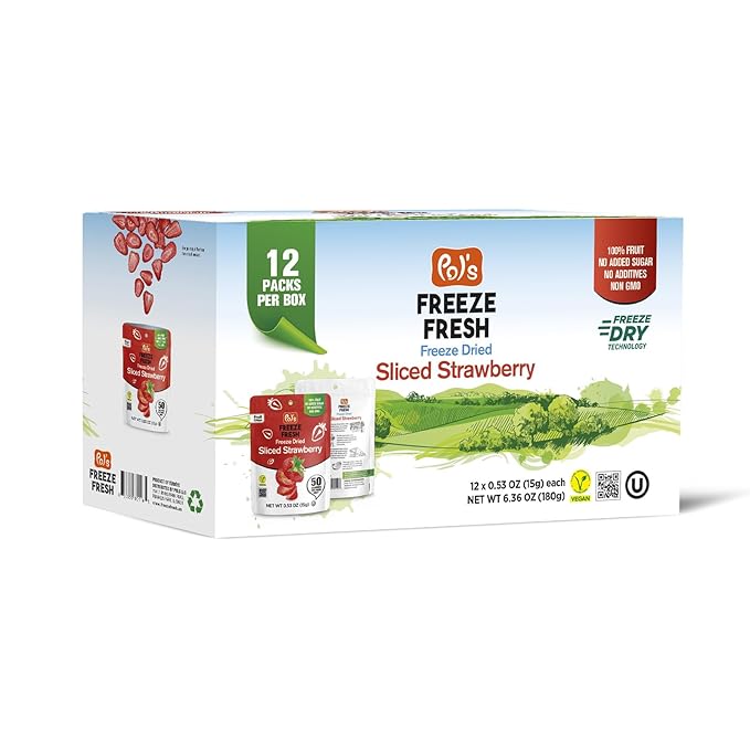 Pol’s Freeze Fresh - 12 Pack Sliced Freeze-Dried Strawberries (0.53 Oz Each), No Sugar, Non-GMO, Kosher, Vegan, Gluten-Free, Single-Serve Packs