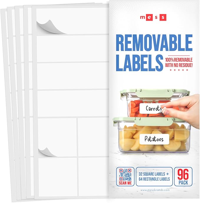 MESS Removable Food Labels for Containers (96-Pack) 1x3" & 1.5" Erasable Kitchen Labels for Organizing, Freezer & Fridge, White Dry Erase Labels for Jars