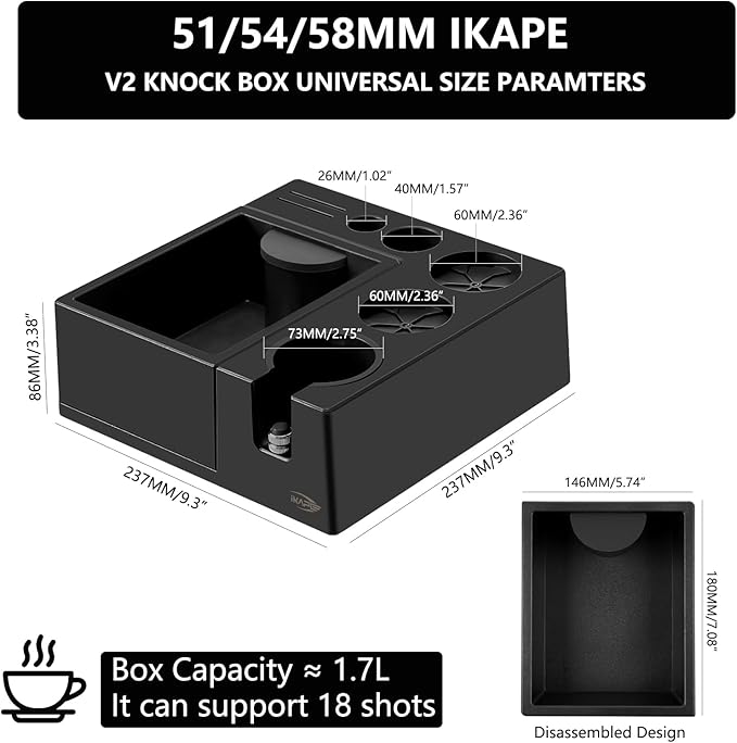 IKAPE Espresso Knock Box, Espresso Coffee Organizer Box Fit for Storage 51, 54, 58MM Espresso Tamper, Distributor, Portafilter & Puck Screen Accessories, Plastic Station Base(Black)