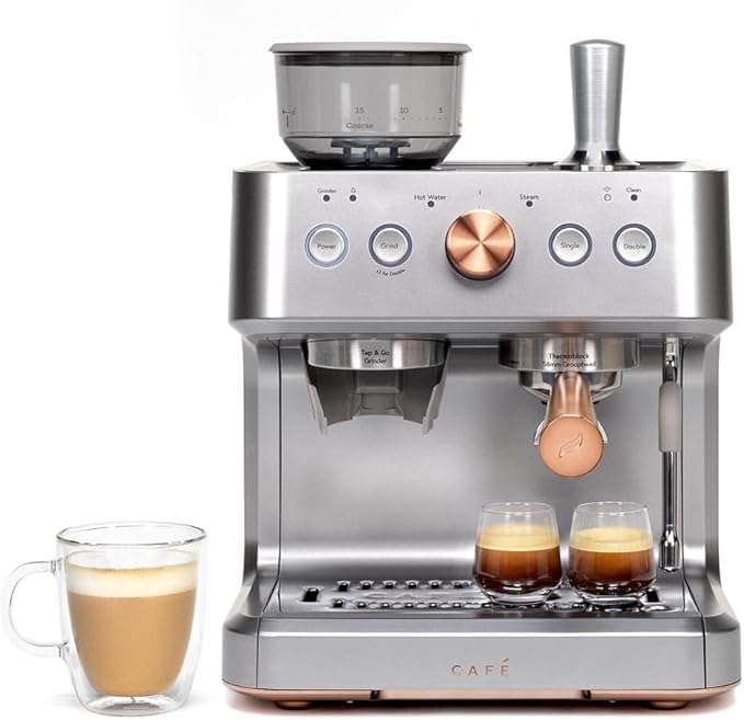 Café Bellissimo Semi Automatic Espresso Machine + Milk Frother | WiFi Connected, Smart Kitchen Essentials | Built-In Bean Grinder, 15-Bar Pump & 95-Ounce Water Reservoir | Steel Silver