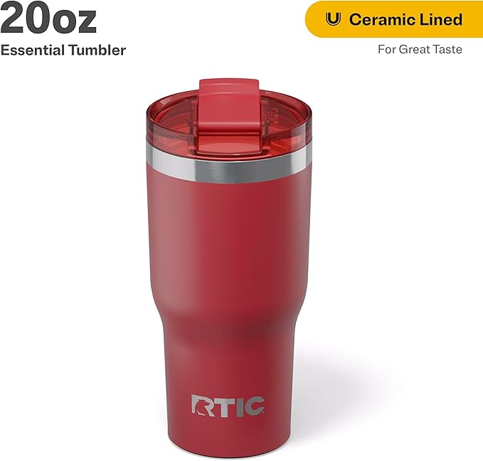 RTIC 20oz Essential Tumbler with Lid, Insulated, Stainless Steel, Metal, Double Wall Vacuum-Insulation, Ceramic Lined, Travel Cup for Iced Coffee, Tea, Hot and Cold Drink, Flag Red